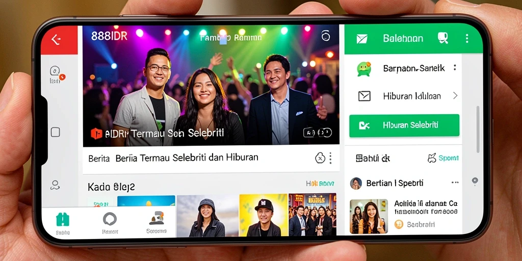 Antarmuka aplikasi 888IDR menampilkan berita hiburan selebriti yang menarik.